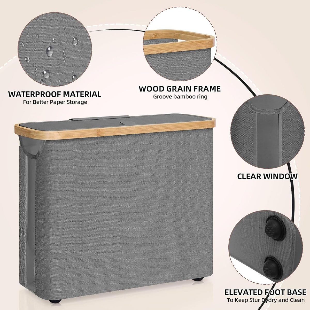 CARLA HOME Toilet Paper Storage Basket Holds Up to 12 Rolls with Bamboo Lid and Handle for RV Closet (Grey) V178-36152
