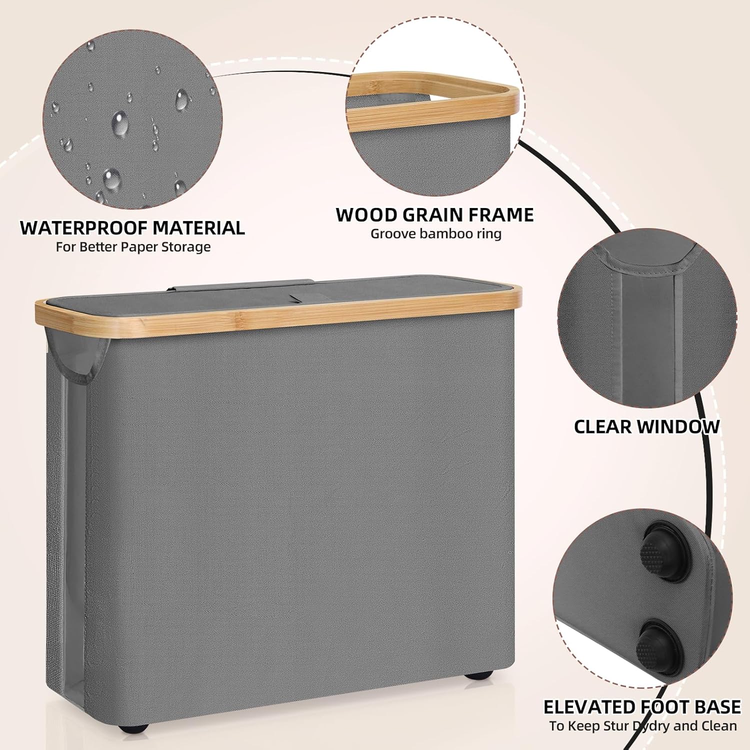 CARLA HOME Toilet Paper Storage Basket Holds Up to 12 Rolls with Bamboo Lid and Handle for RV Closet (Grey) V178-36152