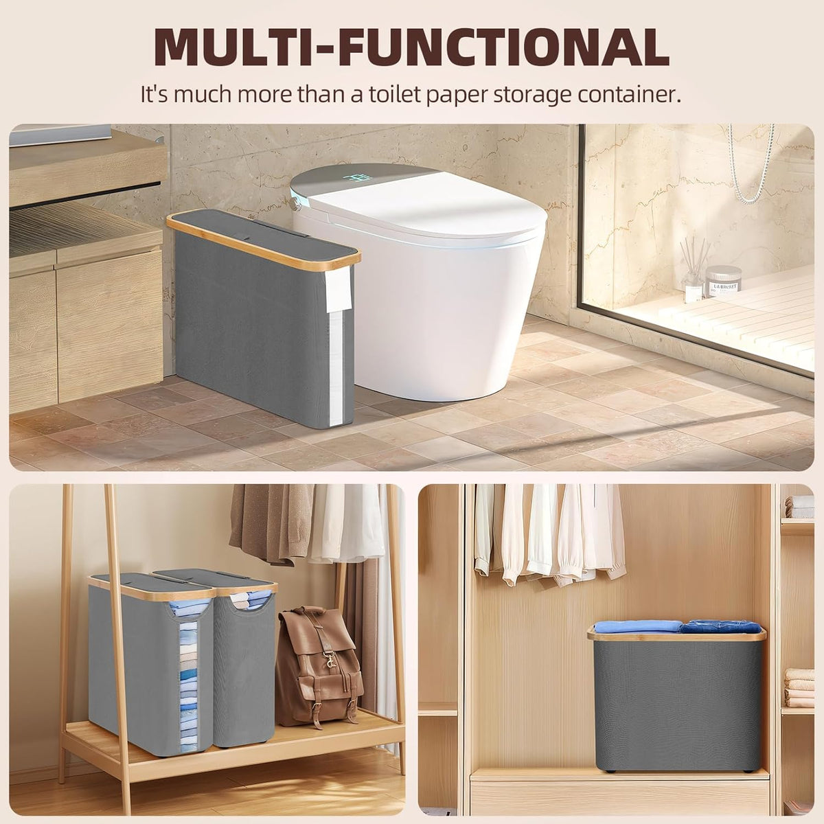 CARLA HOME Toilet Paper Storage Basket Holds Up to 12 Rolls with Bamboo Lid and Handle for RV Closet (Grey) V178-36152