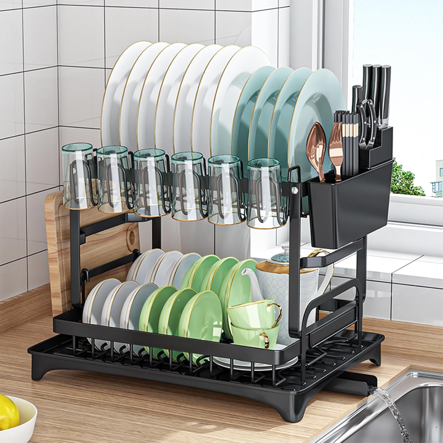 CARLA HOME 2-Tier Dish Drying Rack with Drainage Tray, Utensil Holder, Cup Hooks & Cutting Board Slot for V178-36159
