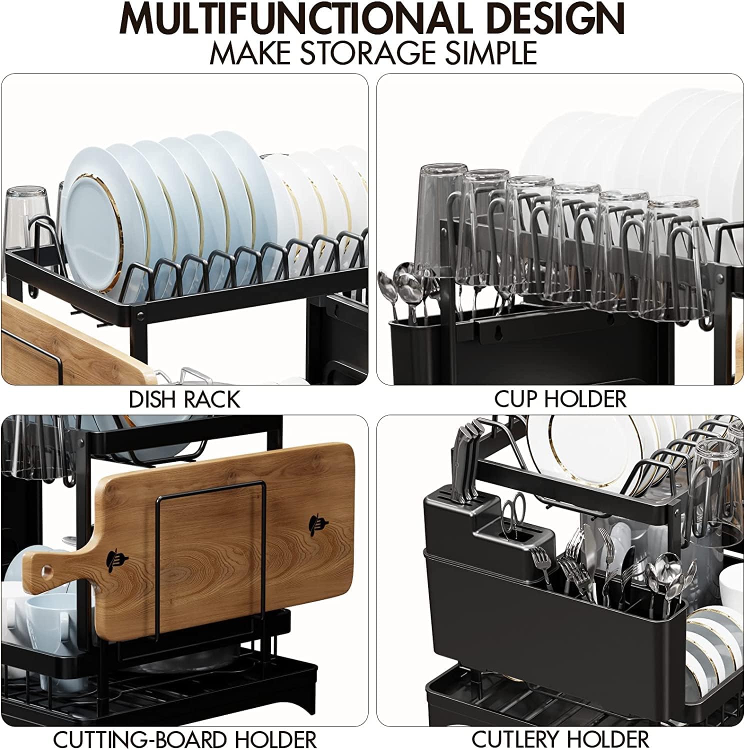 CARLA HOME 2-Tier Dish Drying Rack with Drainage Tray, Utensil Holder, Cup Hooks & Cutting Board Slot for V178-36159