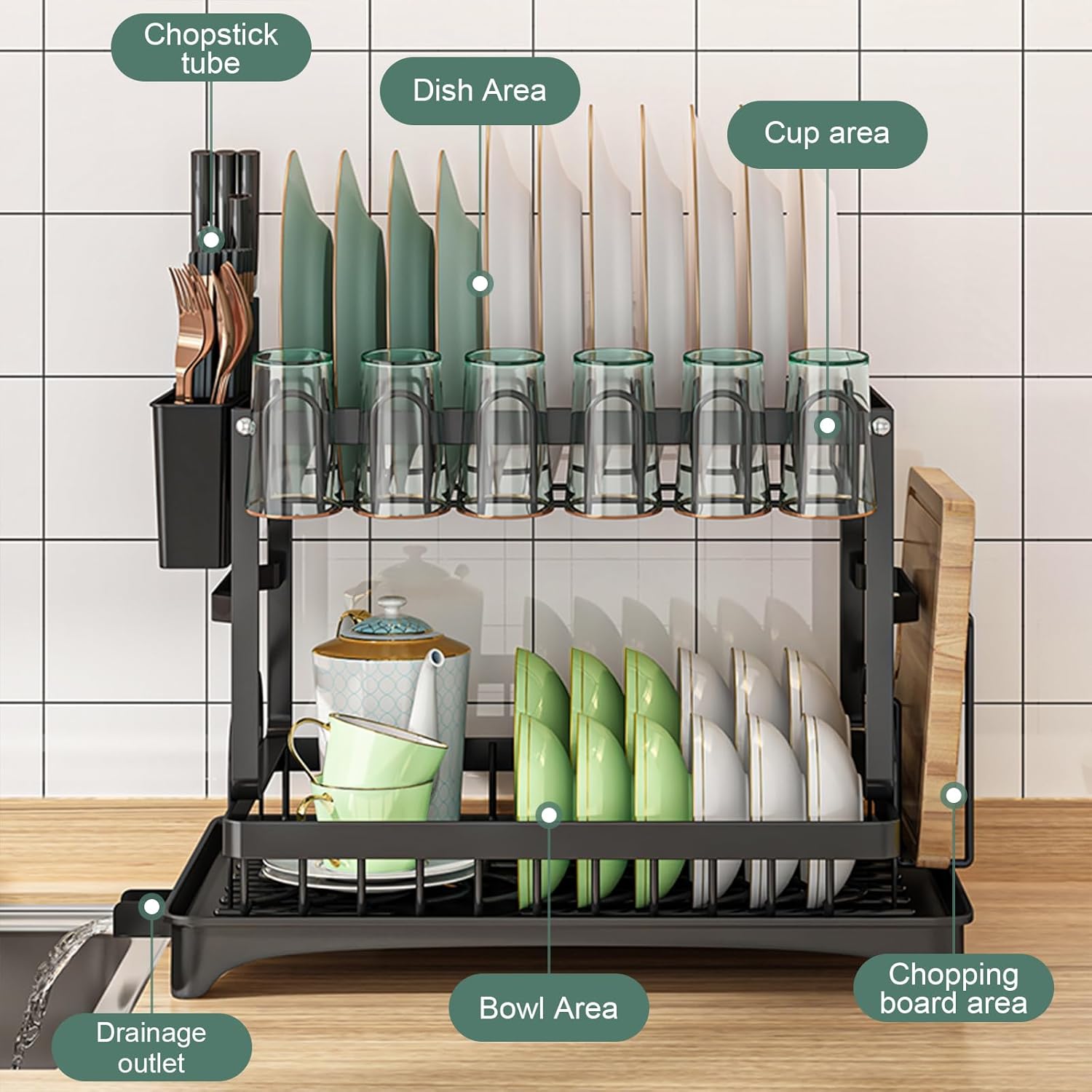 CARLA HOME 2-Tier Dish Drying Rack with Drainage Tray, Utensil Holder, Cup Hooks & Cutting Board Slot for V178-36159