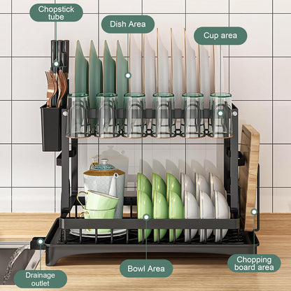 CARLA HOME 2-Tier Dish Drying Rack with Drainage Tray, Utensil Holder, Cup Hooks & Cutting Board Slot for V178-36159