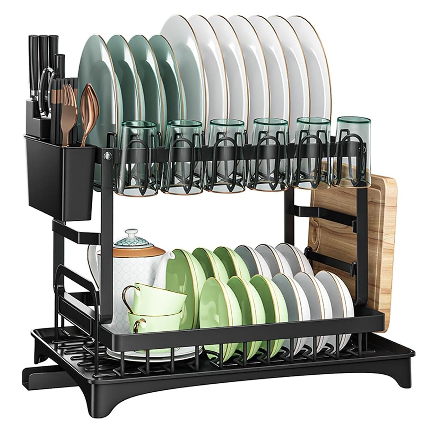 CARLA HOME 2-Tier Dish Drying Rack with Drainage Tray, Utensil Holder, Cup Hooks & Cutting Board Slot for V178-36159