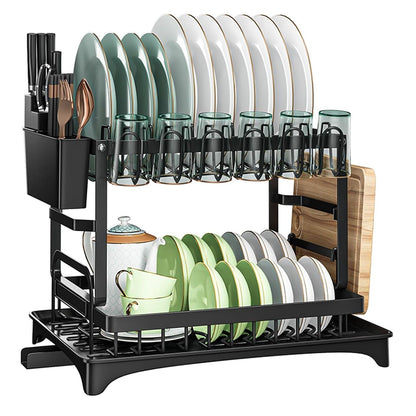 CARLA HOME 2-Tier Dish Drying Rack with Drainage Tray, Utensil Holder, Cup Hooks & Cutting Board Slot for V178-36159