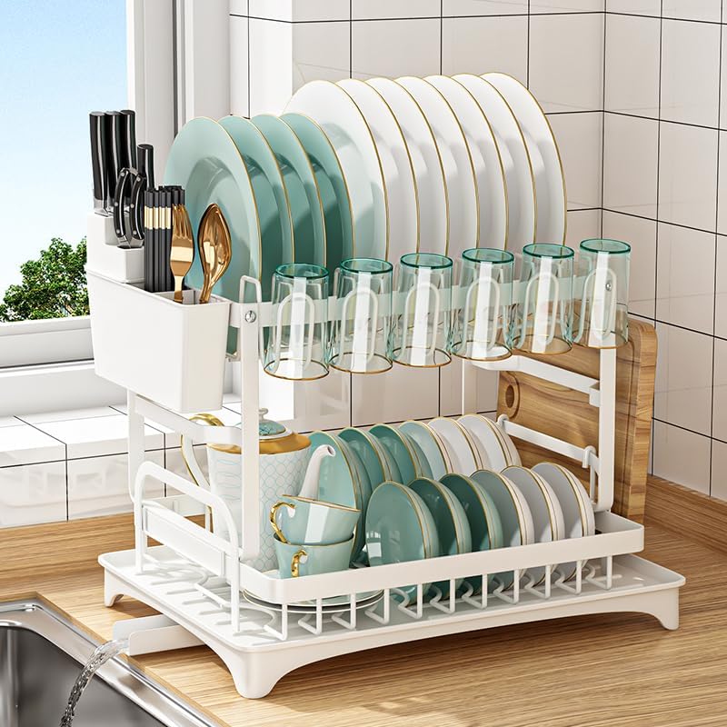 CARLA HOME 2-Tier Dish Drying Rack with Drainage Tray, Utensil Holder, Cup Hooks & Cutting Board Slot for V178-36160