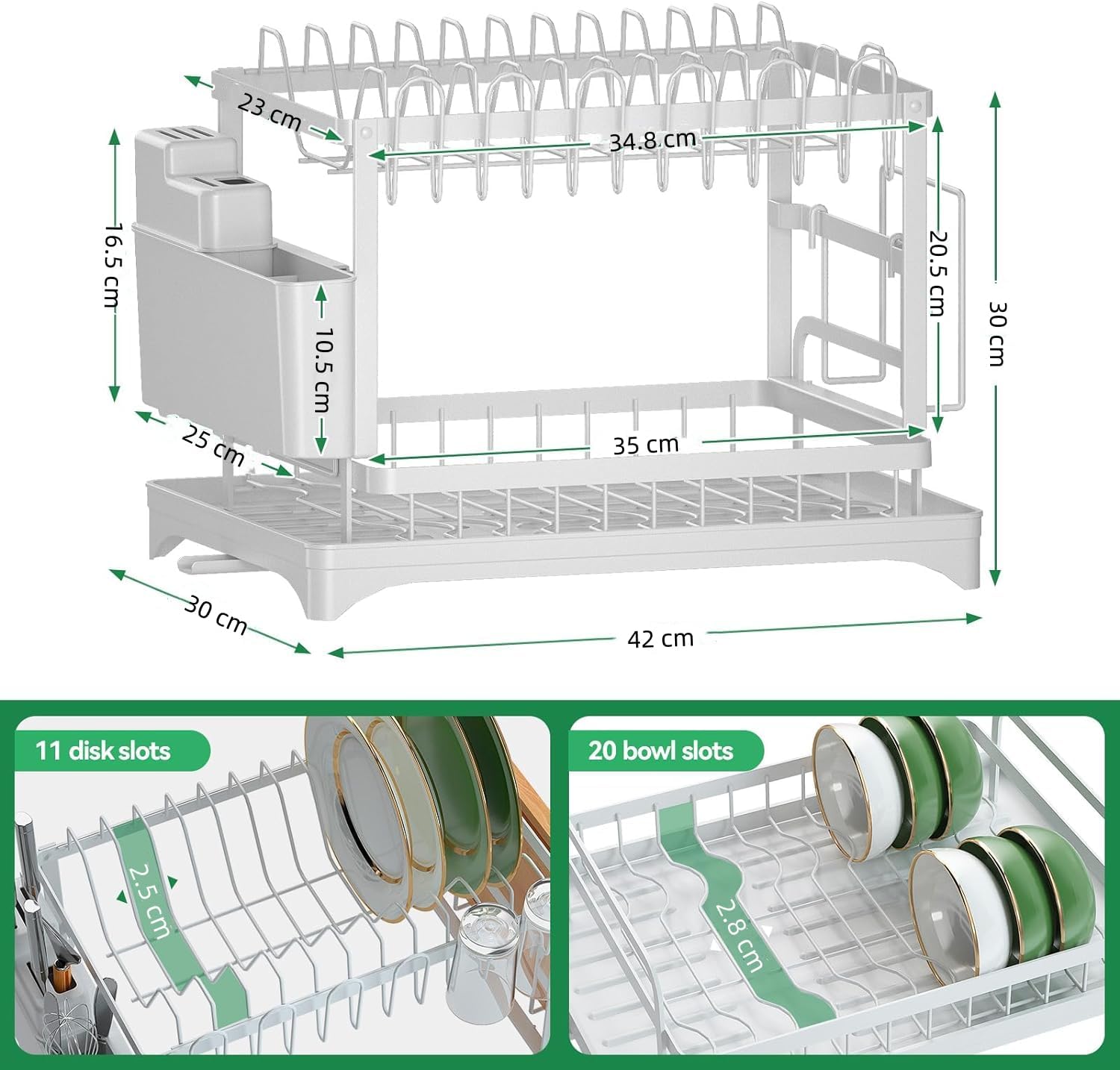 CARLA HOME 2-Tier Dish Drying Rack with Drainage Tray, Utensil Holder, Cup Hooks & Cutting Board Slot for V178-36160