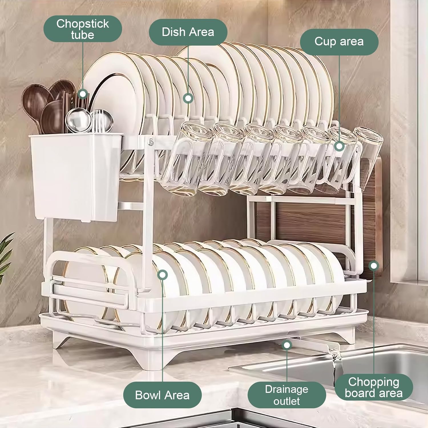 CARLA HOME 2-Tier Dish Drying Rack with Drainage Tray, Utensil Holder, Cup Hooks & Cutting Board Slot for V178-36160