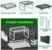CARLA HOME 2-Tier Dish Drying Rack with Drainage Tray, Utensil Holder, Cup Hooks & Cutting Board Slot for V178-36160