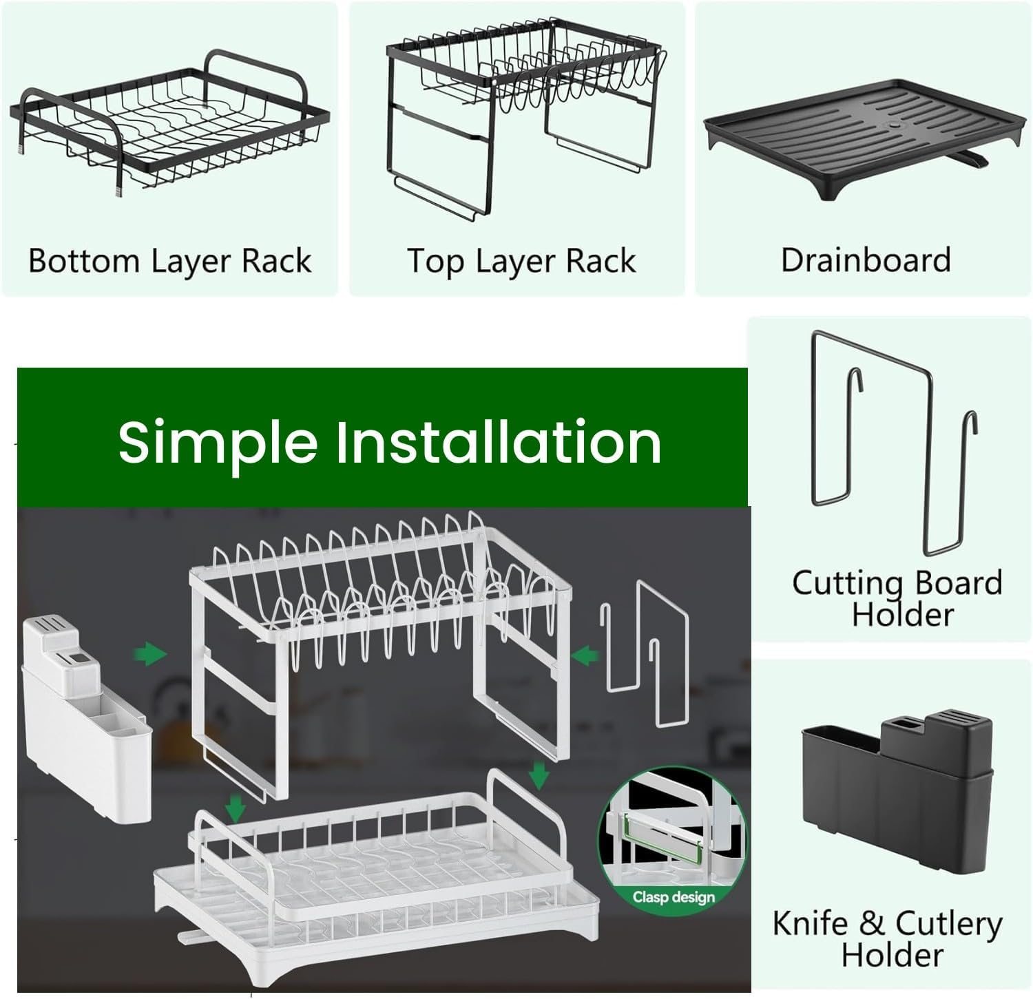 CARLA HOME 2-Tier Dish Drying Rack with Drainage Tray, Utensil Holder, Cup Hooks & Cutting Board Slot for V178-36160