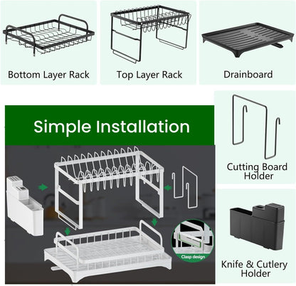 CARLA HOME 2-Tier Dish Drying Rack with Drainage Tray, Utensil Holder, Cup Hooks & Cutting Board Slot for V178-36160
