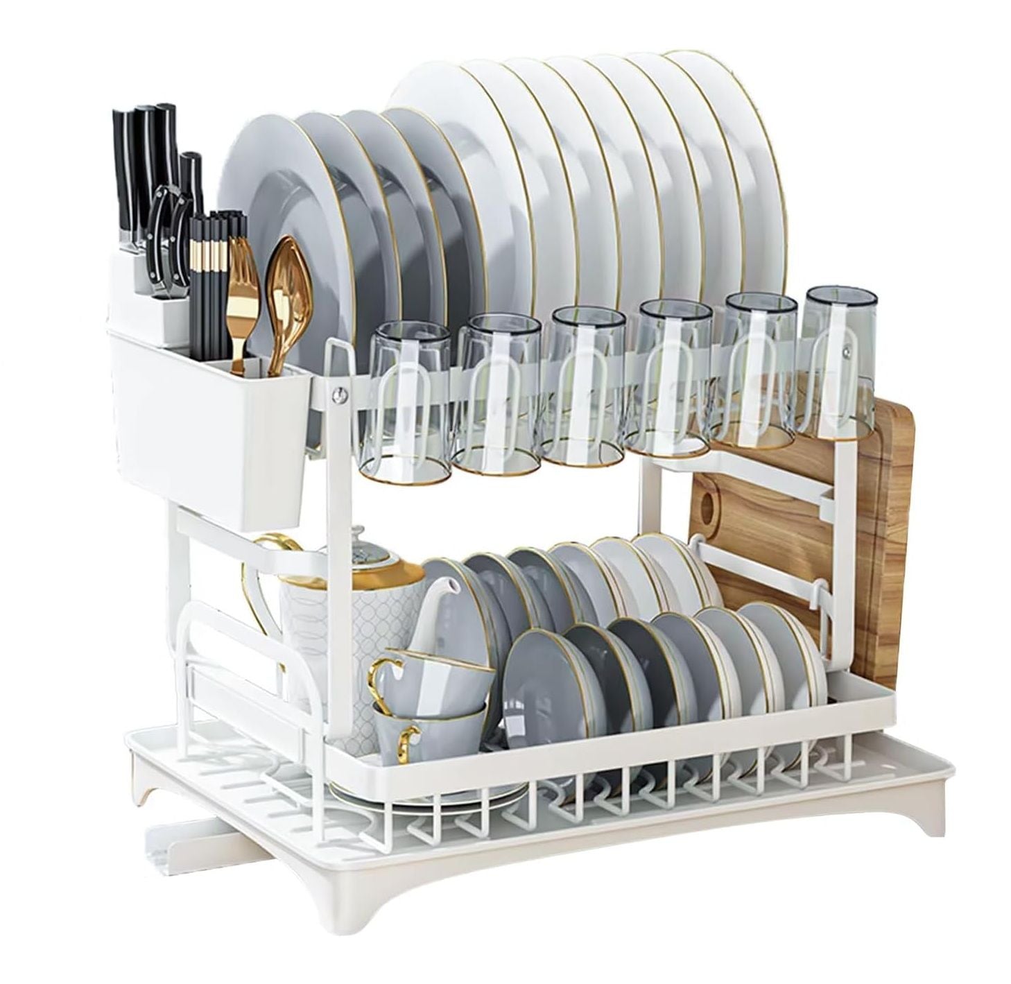 CARLA HOME 2-Tier Dish Drying Rack with Drainage Tray, Utensil Holder, Cup Hooks & Cutting Board Slot for V178-36160