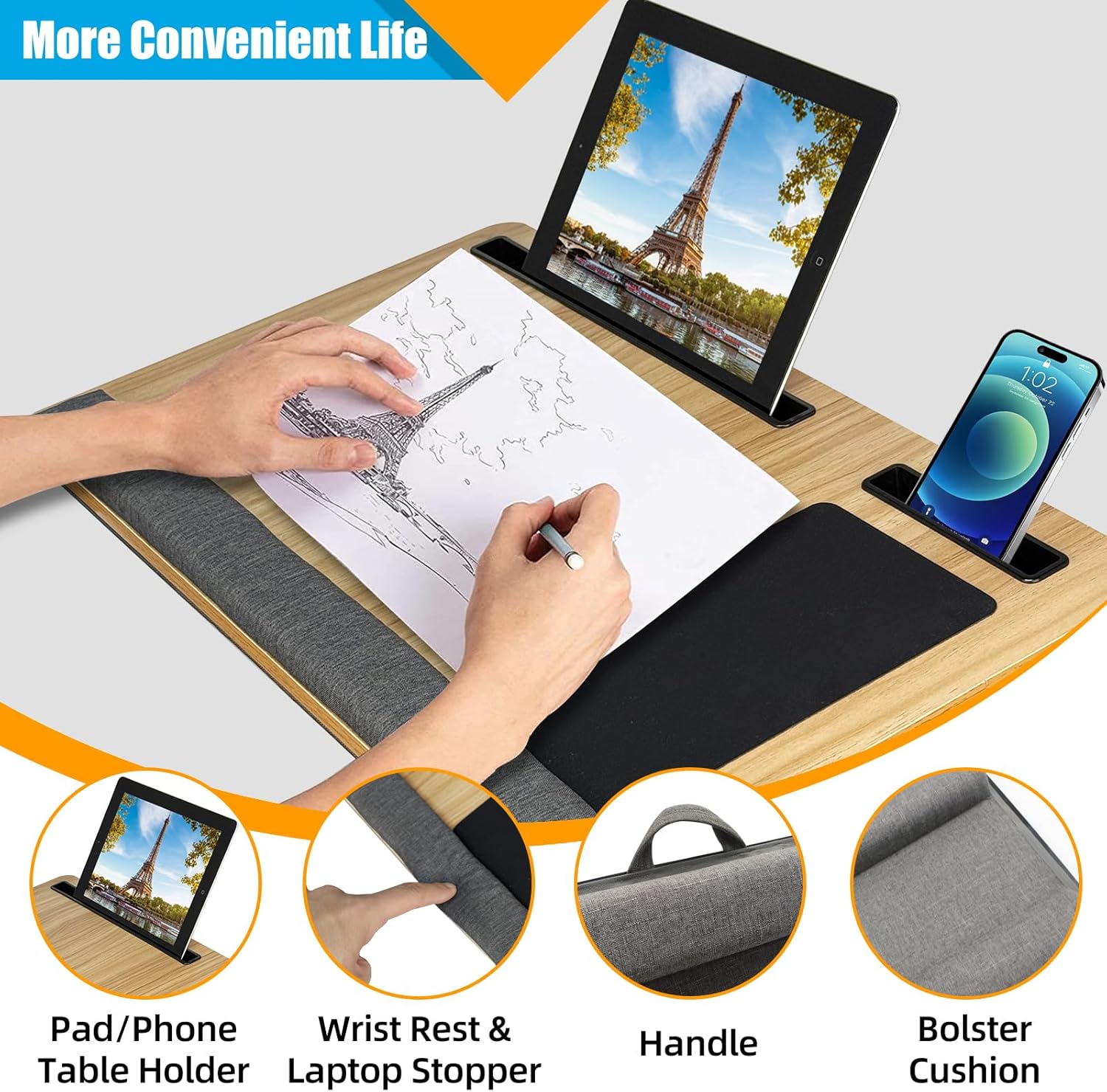 CARLA HOME Oversized Portable Lap Desk with Cushion,Mouse Pad, Tablet and Phone Holder which Fits Up to 17 V178-36162