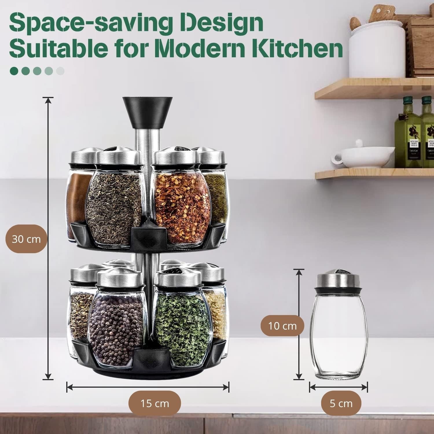 CARLA HOME Rotating Spice Rack Organizer with 16 Glass Jars for Kitchen Seasoning and Herb Storage V178-36163
