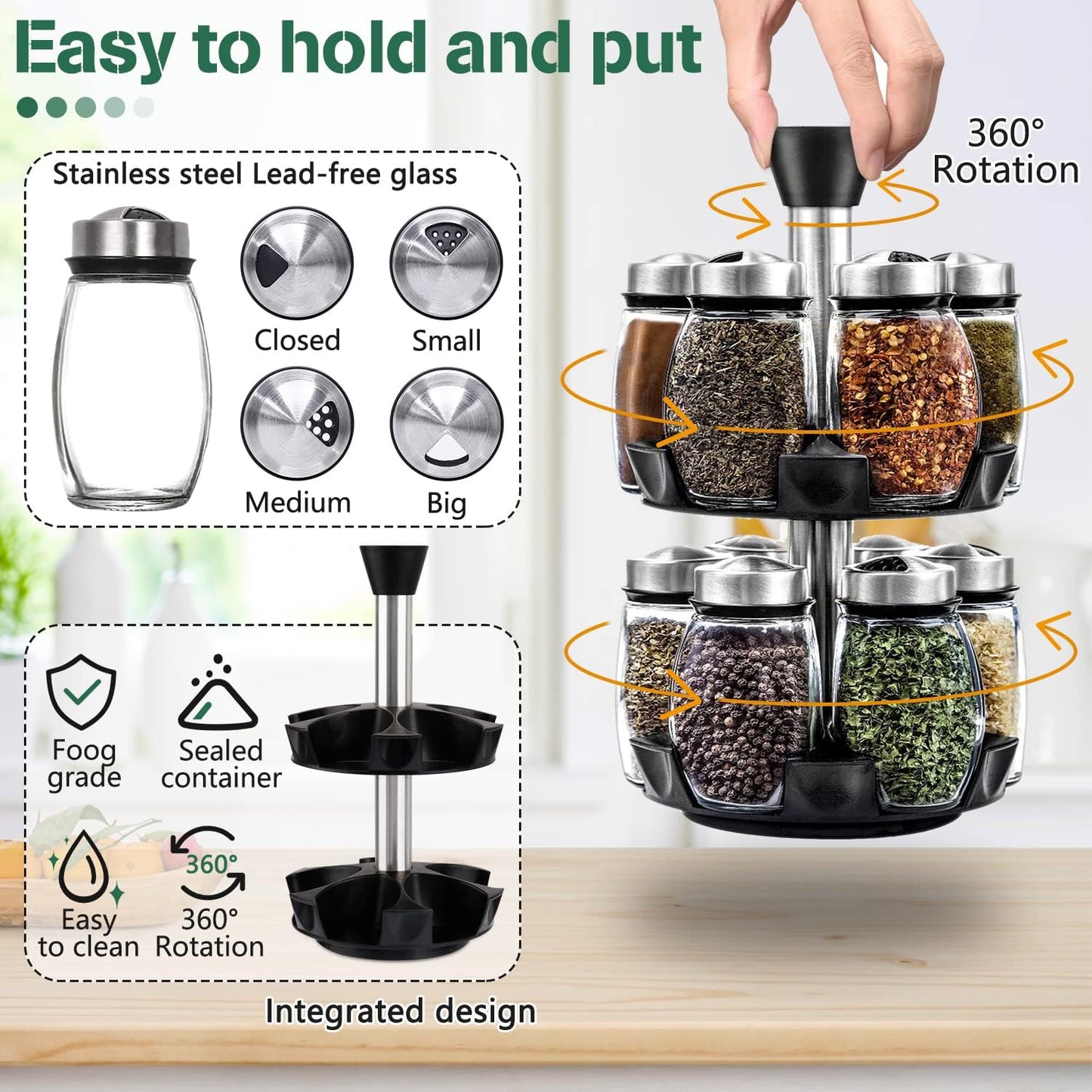 CARLA HOME Rotating Spice Rack Organizer with 16 Glass Jars for Kitchen Seasoning and Herb Storage V178-36163