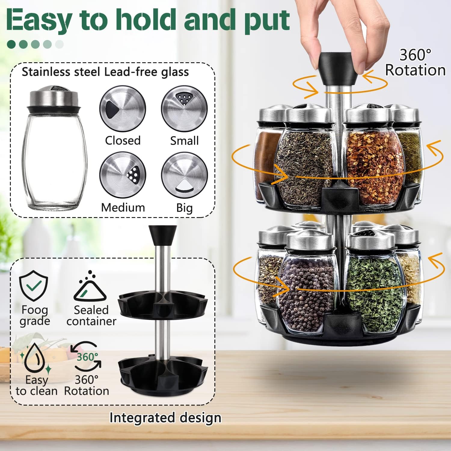 CARLA HOME Rotating Spice Rack Organizer with 16 Glass Jars for Kitchen Seasoning and Herb Storage V178-36163