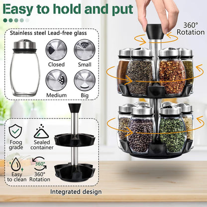 CARLA HOME Rotating Spice Rack Organizer with 16 Glass Jars for Kitchen Seasoning and Herb Storage V178-36163