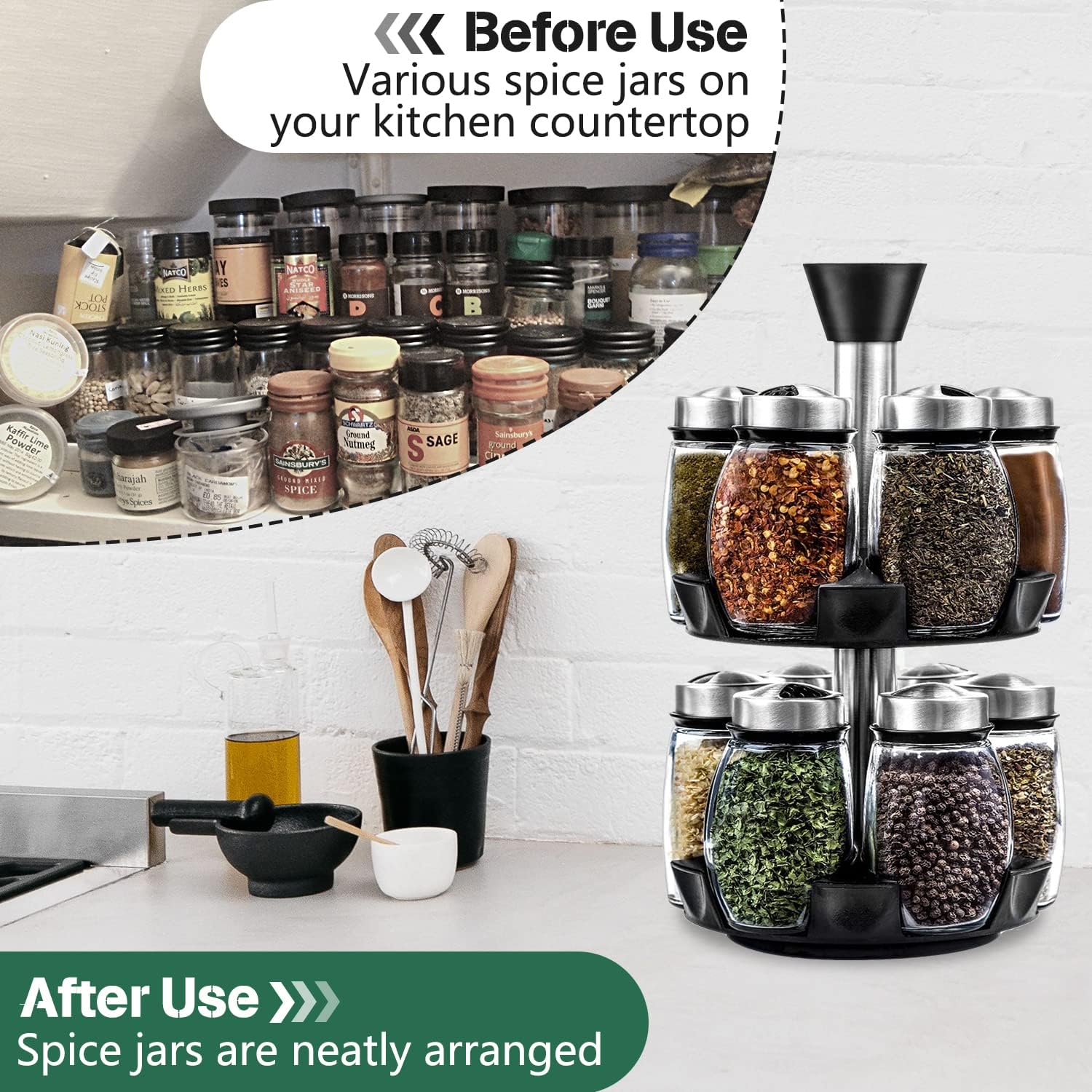 CARLA HOME Rotating Spice Rack Organizer with 16 Glass Jars for Kitchen Seasoning and Herb Storage V178-36163