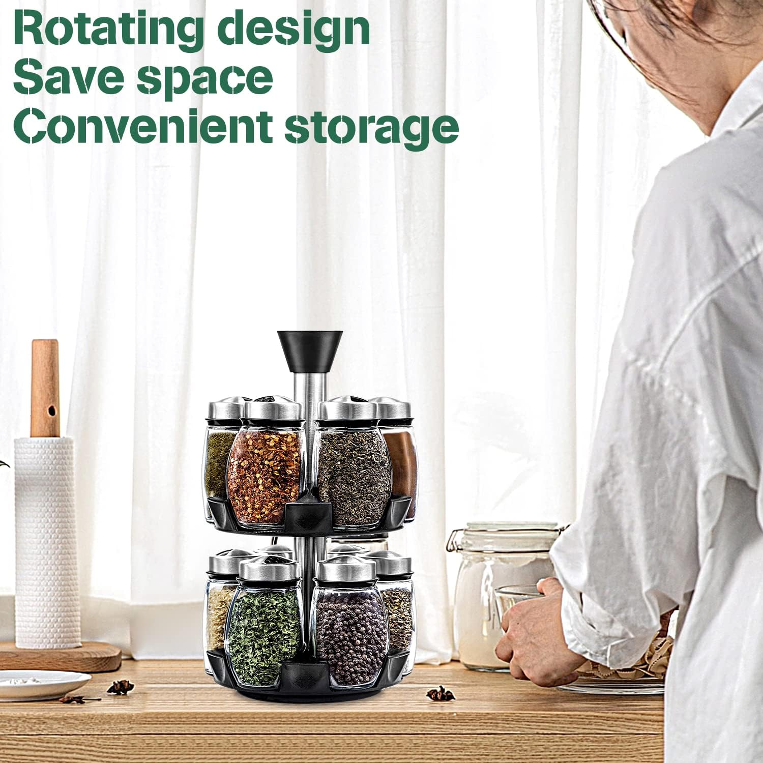 CARLA HOME Rotating Spice Rack Organizer with 16 Glass Jars for Kitchen Seasoning and Herb Storage V178-36163