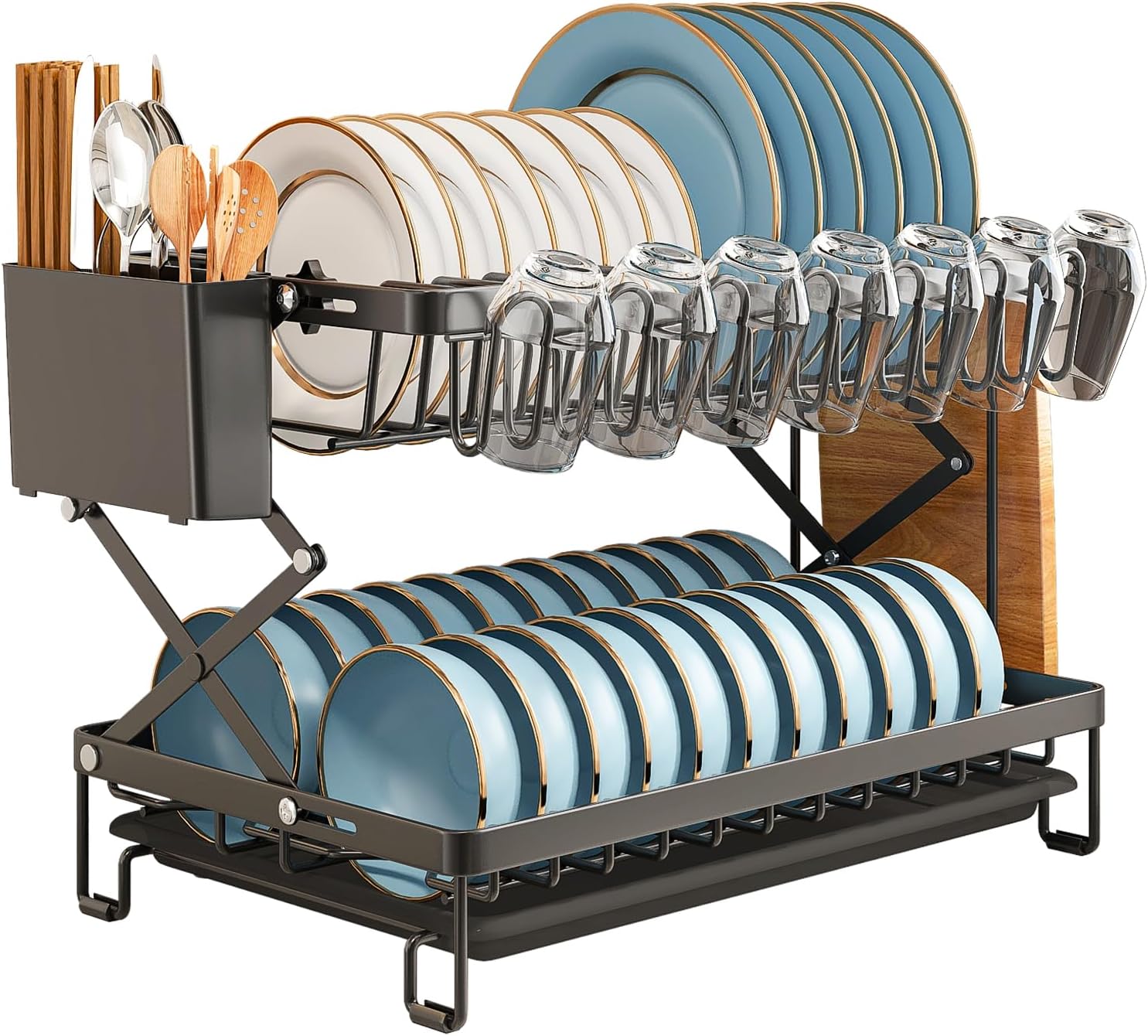 CARLA HOME 2-Tier Dish Drying Rack with Drainage Tray, Utensil Holder, Cup Hooks & Cutting Board Rack for V178-36167