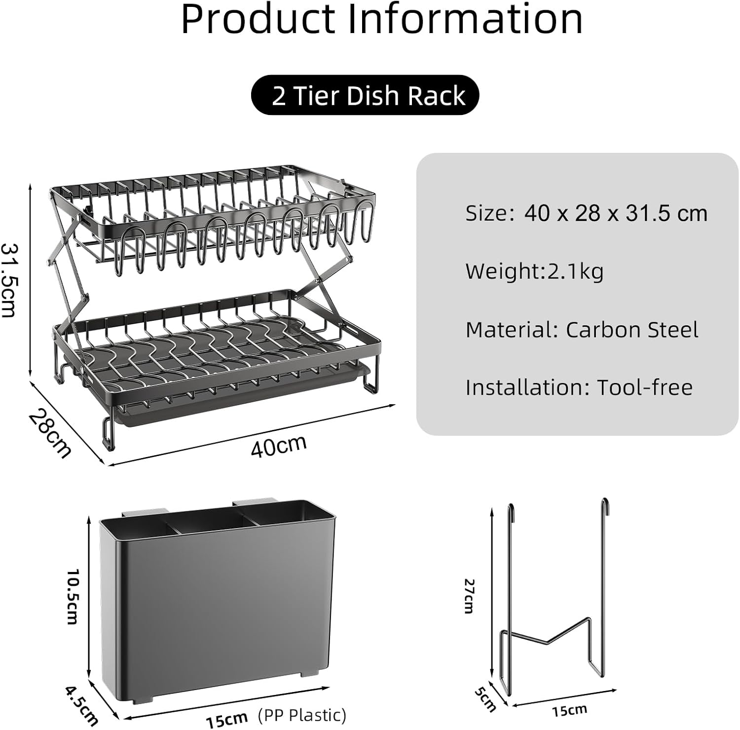 CARLA HOME 2-Tier Dish Drying Rack with Drainage Tray, Utensil Holder, Cup Hooks & Cutting Board Rack for V178-36167
