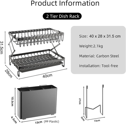 CARLA HOME 2-Tier Dish Drying Rack with Drainage Tray, Utensil Holder, Cup Hooks & Cutting Board Rack for V178-36167