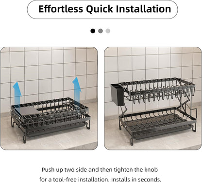CARLA HOME 2-Tier Dish Drying Rack with Drainage Tray, Utensil Holder, Cup Hooks & Cutting Board Rack for V178-36167