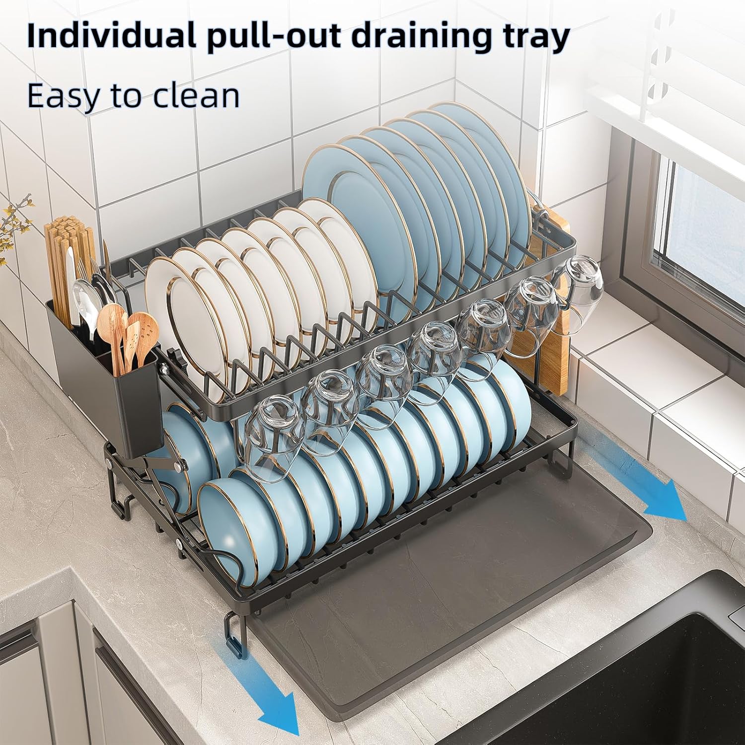 CARLA HOME 2-Tier Dish Drying Rack with Drainage Tray, Utensil Holder, Cup Hooks & Cutting Board Rack for V178-36167