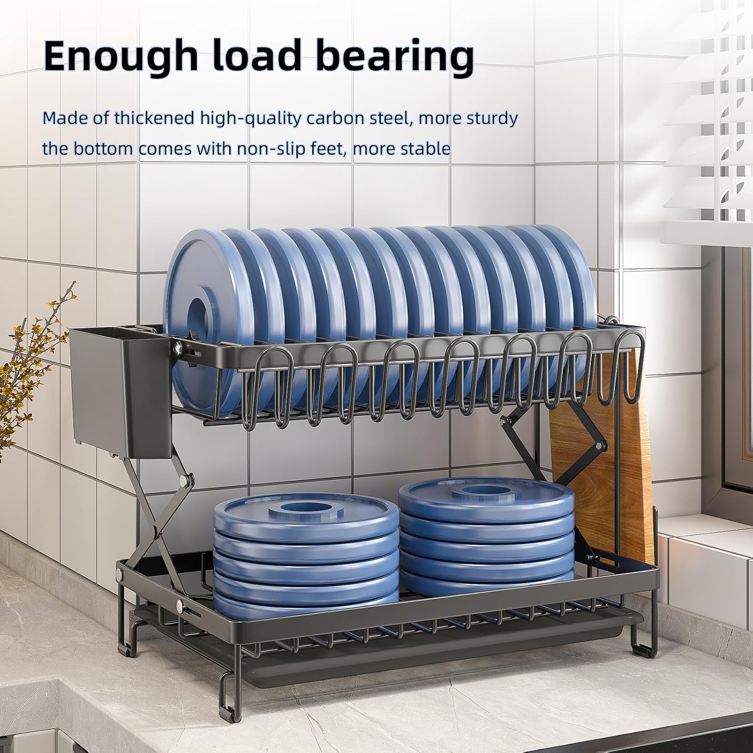 CARLA HOME 2-Tier Dish Drying Rack with Drainage Tray, Utensil Holder, Cup Hooks & Cutting Board Rack for V178-36167