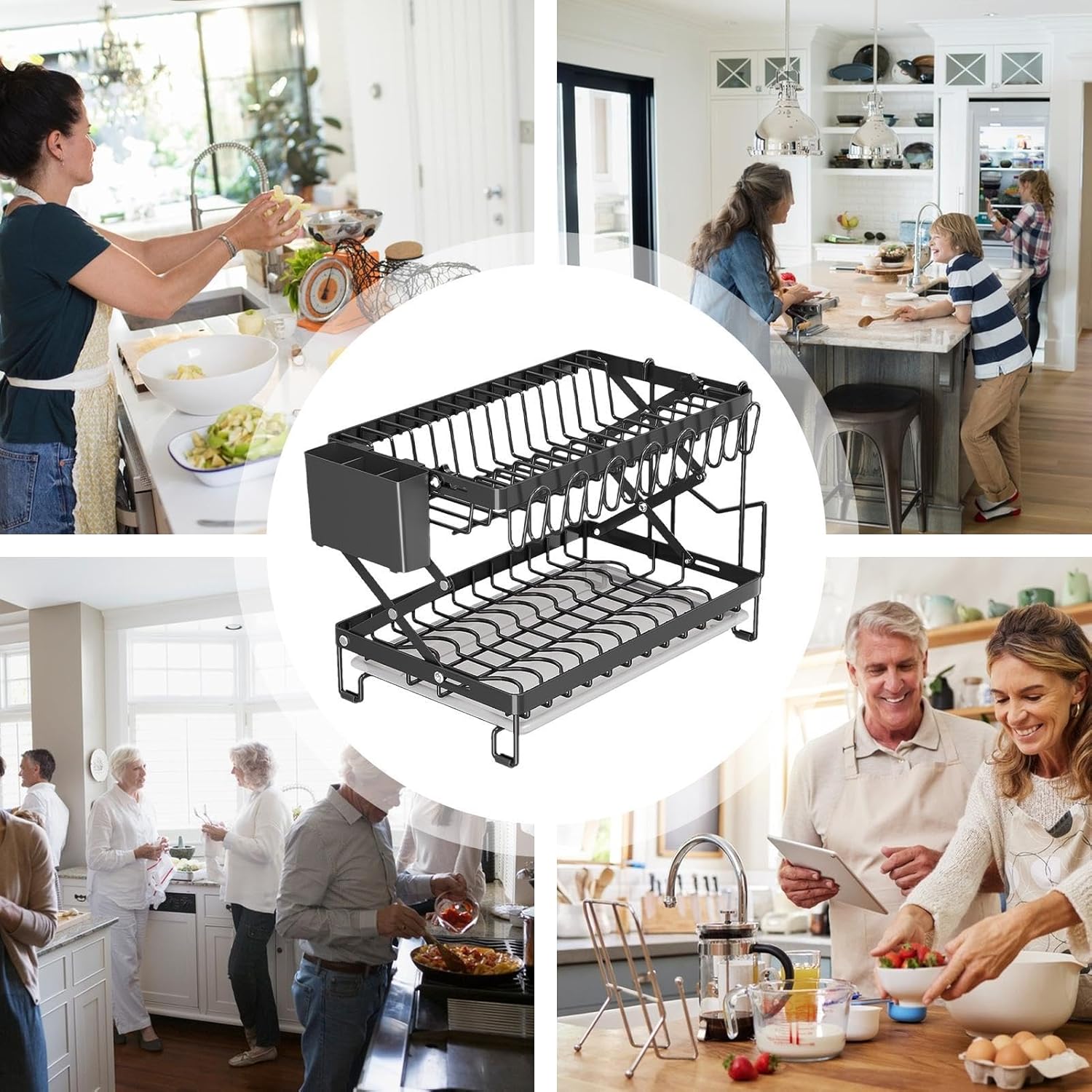 CARLA HOME 2-Tier Dish Drying Rack with Drainage Tray, Utensil Holder, Cup Hooks & Cutting Board Rack for V178-36167