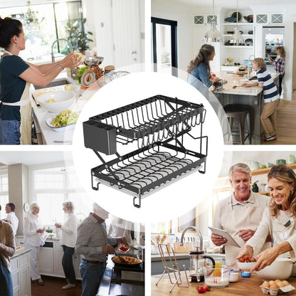 CARLA HOME 2-Tier Dish Drying Rack with Drainage Tray, Utensil Holder, Cup Hooks & Cutting Board Rack for V178-36167