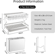 CARLA HOME 2-Tier Dish Drying Rack with Drainage Tray, Utensil Holder, Cup Hooks & Cutting Board Rack for V178-36168