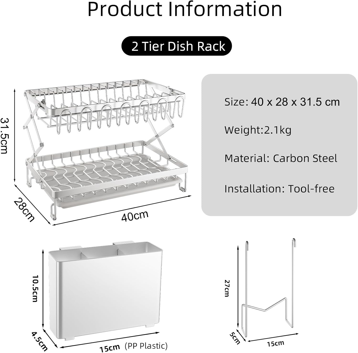 CARLA HOME 2-Tier Dish Drying Rack with Drainage Tray, Utensil Holder, Cup Hooks & Cutting Board Rack for V178-36168