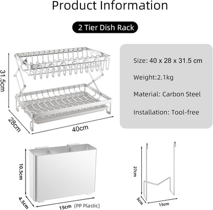 CARLA HOME 2-Tier Dish Drying Rack with Drainage Tray, Utensil Holder, Cup Hooks & Cutting Board Rack for V178-36168
