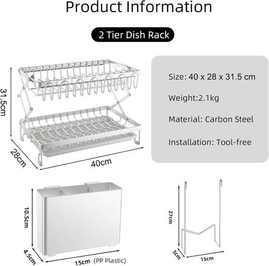 CARLA HOME 2-Tier Dish Drying Rack with Drainage Tray, Utensil Holder, Cup Hooks & Cutting Board Rack for V178-36168