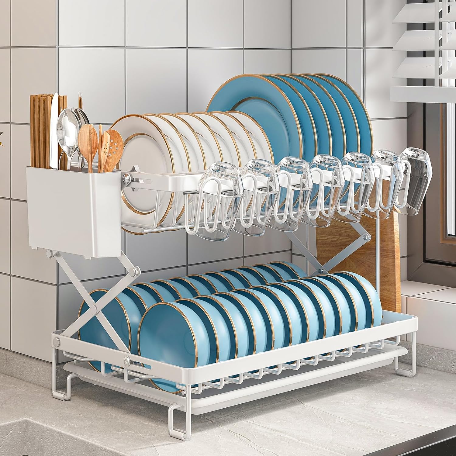 CARLA HOME 2-Tier Dish Drying Rack with Drainage Tray, Utensil Holder, Cup Hooks & Cutting Board Rack for V178-36168