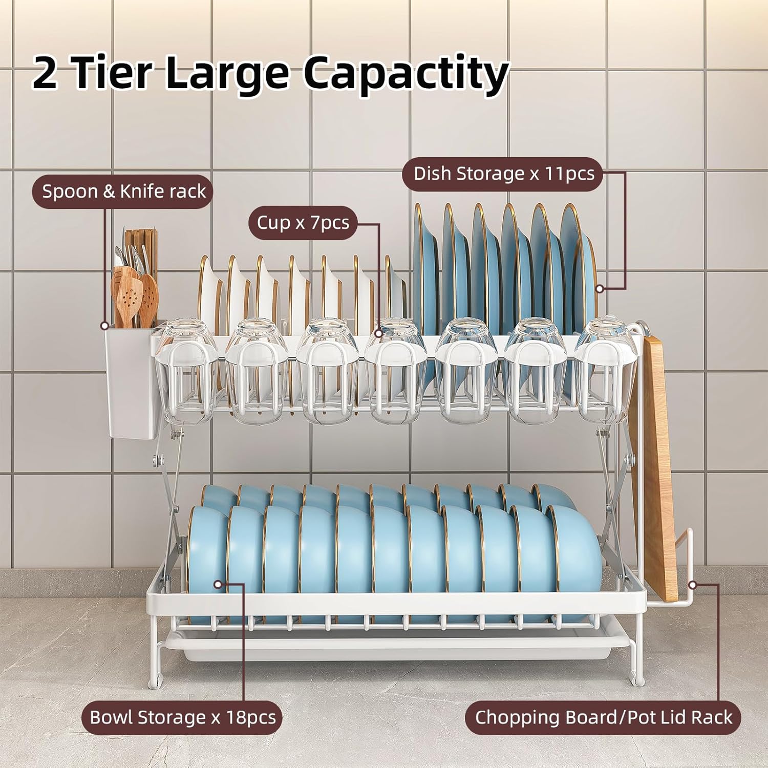 CARLA HOME 2-Tier Dish Drying Rack with Drainage Tray, Utensil Holder, Cup Hooks & Cutting Board Rack for V178-36168