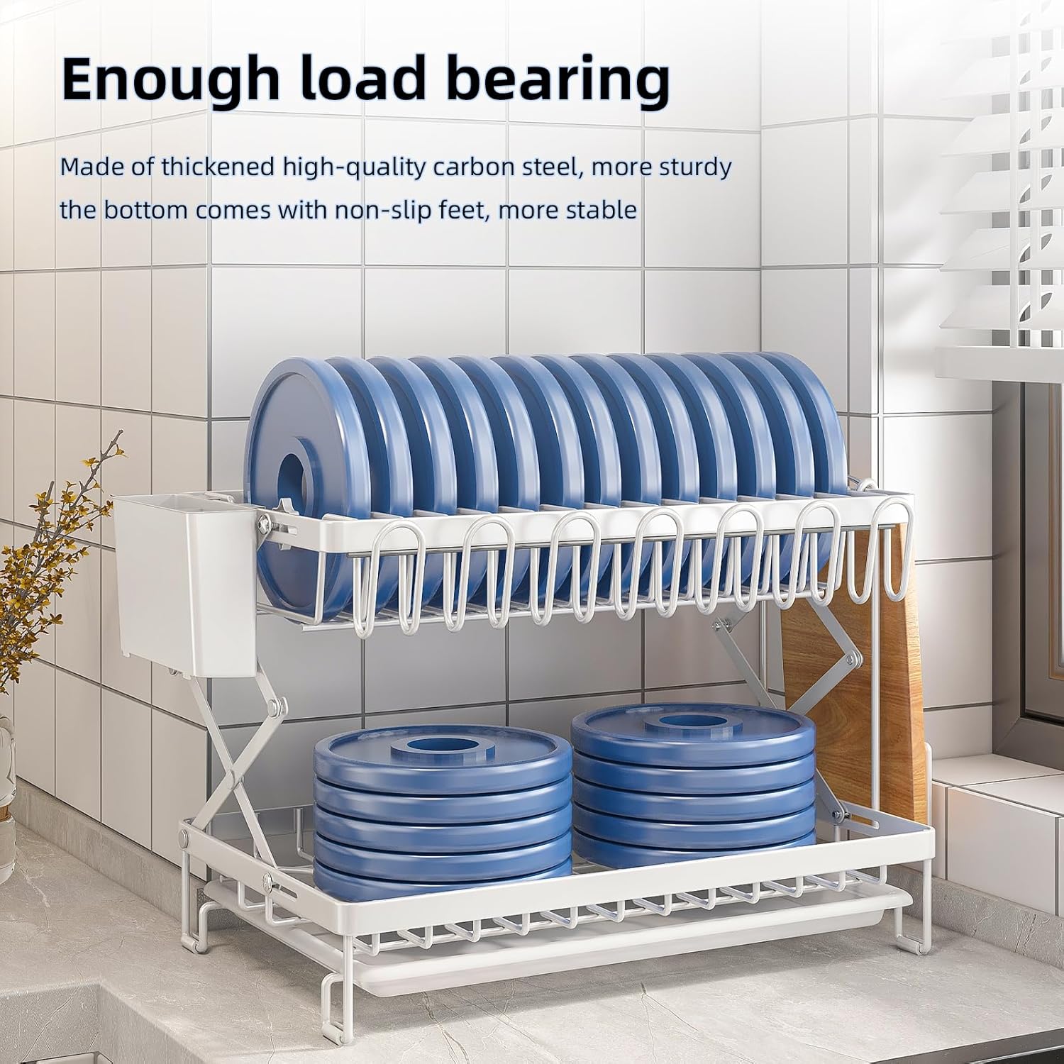 CARLA HOME 2-Tier Dish Drying Rack with Drainage Tray, Utensil Holder, Cup Hooks & Cutting Board Rack for V178-36168