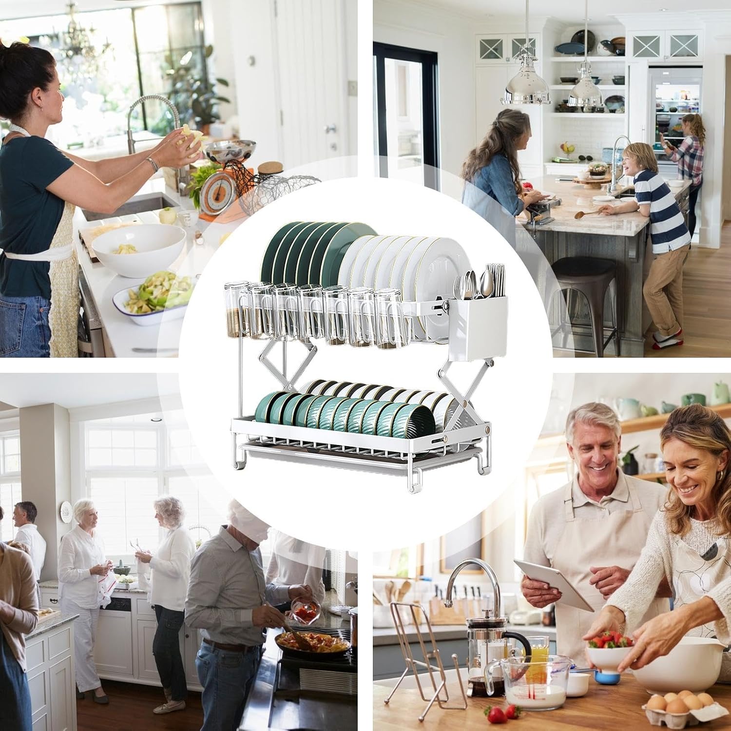CARLA HOME 2-Tier Dish Drying Rack with Drainage Tray, Utensil Holder, Cup Hooks & Cutting Board Rack for V178-36168