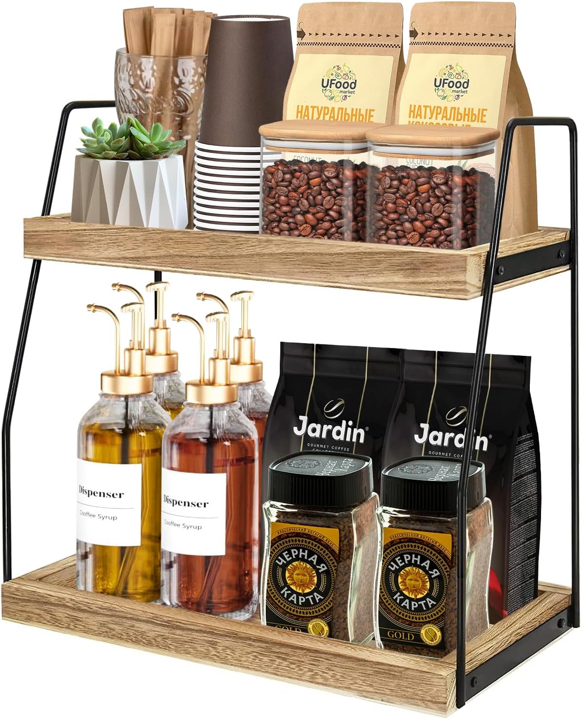 CARLA HOME 2-Tier Wooden Coffee Station Rack Organizer for Coffee Bar, Condiments, Syrups, Storage Jars & V178-36176