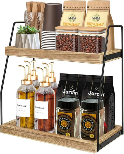 CARLA HOME 2-Tier Wooden Coffee Station Rack Organizer for Coffee Bar, Condiments, Syrups, Storage Jars & V178-36176
