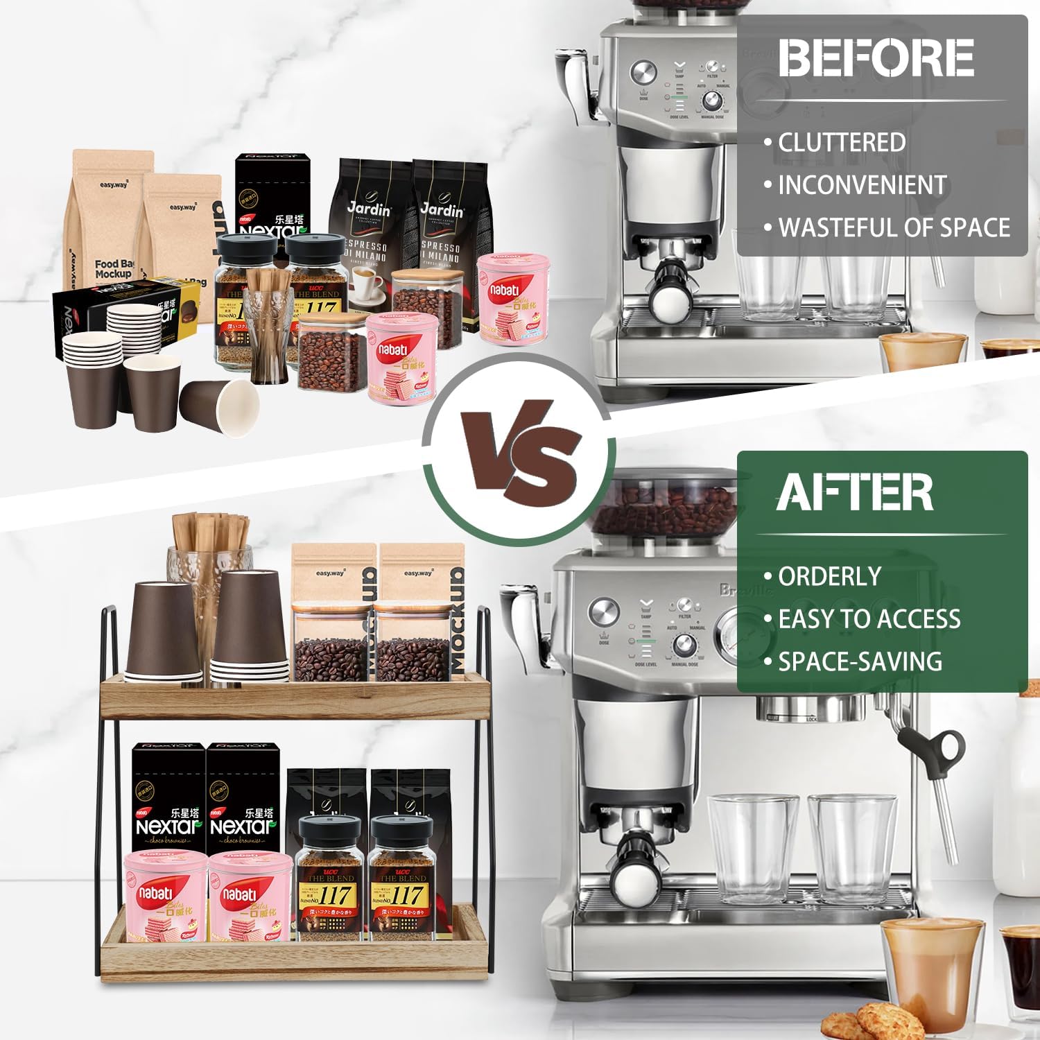 CARLA HOME 2-Tier Wooden Coffee Station Rack Organizer for Coffee Bar, Condiments, Syrups, Storage Jars & V178-36176