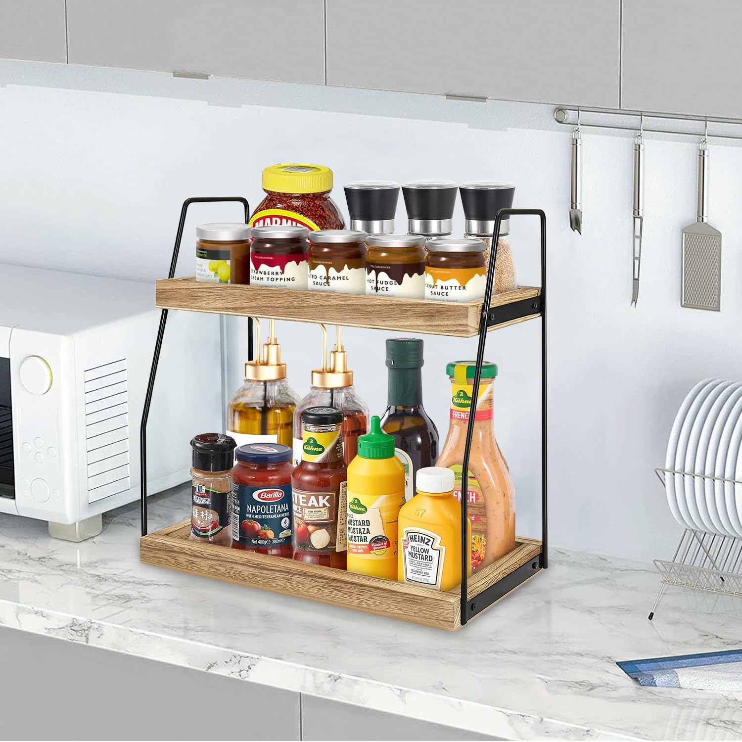 CARLA HOME 2-Tier Wooden Coffee Station Rack Organizer for Coffee Bar, Condiments, Syrups, Storage Jars & V178-36176