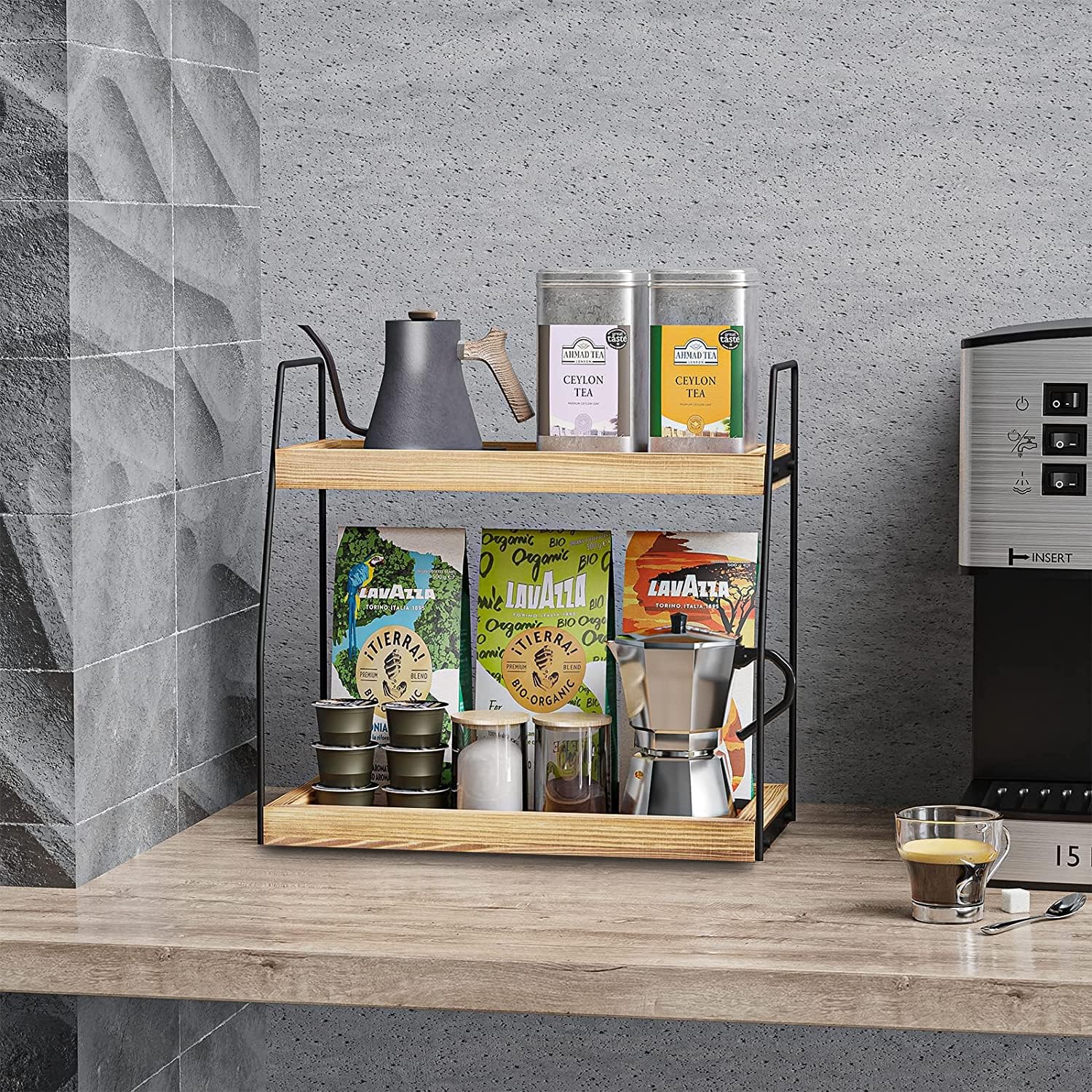 CARLA HOME 2-Tier Wooden Coffee Station Rack Organizer for Coffee Bar, Condiments, Syrups, Storage Jars & V178-36176
