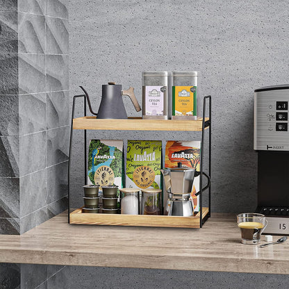CARLA HOME 2-Tier Wooden Coffee Station Rack Organizer for Coffee Bar, Condiments, Syrups, Storage Jars & V178-36176