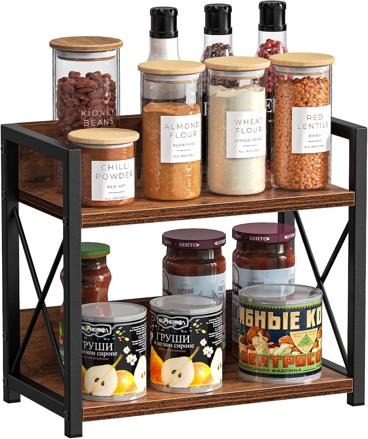 CARLA HOME 2-Tier Countertop Shelf Organizer Rustic Wood Kitchen Spice Rack for Storage, Condiments & Cabinet V178-36177