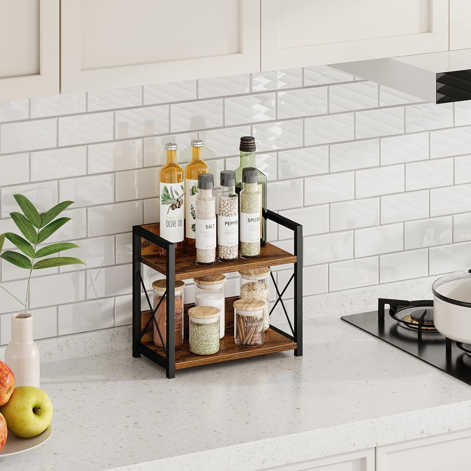 CARLA HOME 2-Tier Countertop Shelf Organizer Rustic Wood Kitchen Spice Rack for Storage, Condiments & Cabinet V178-36177
