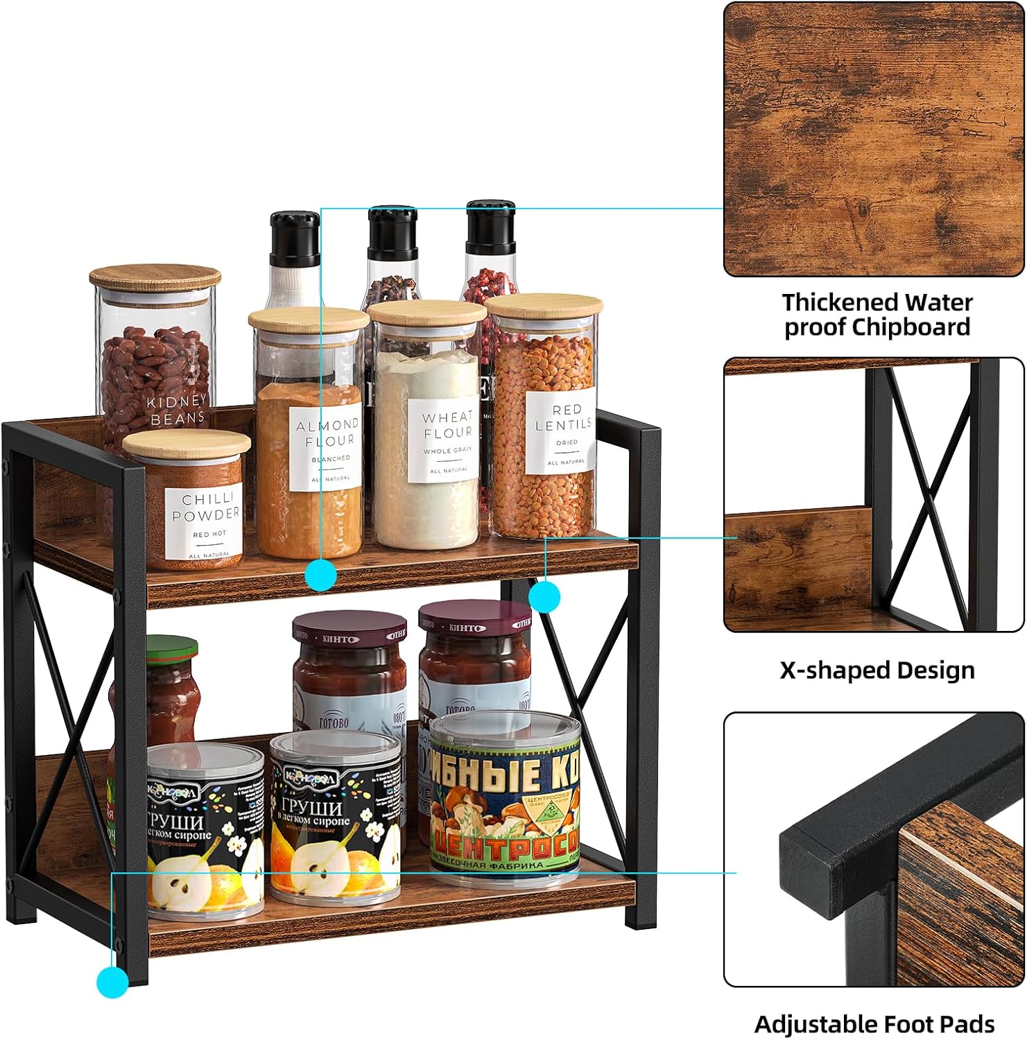 CARLA HOME 2-Tier Countertop Shelf Organizer Rustic Wood Kitchen Spice Rack for Storage, Condiments & Cabinet V178-36177