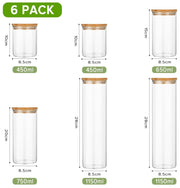 CARLA HOME 6 Pack Glass Storage Jars with Bamboo Lids for Kitchen Pantry, Pasta, Snacks, Cookies, Candy & More V178-36178