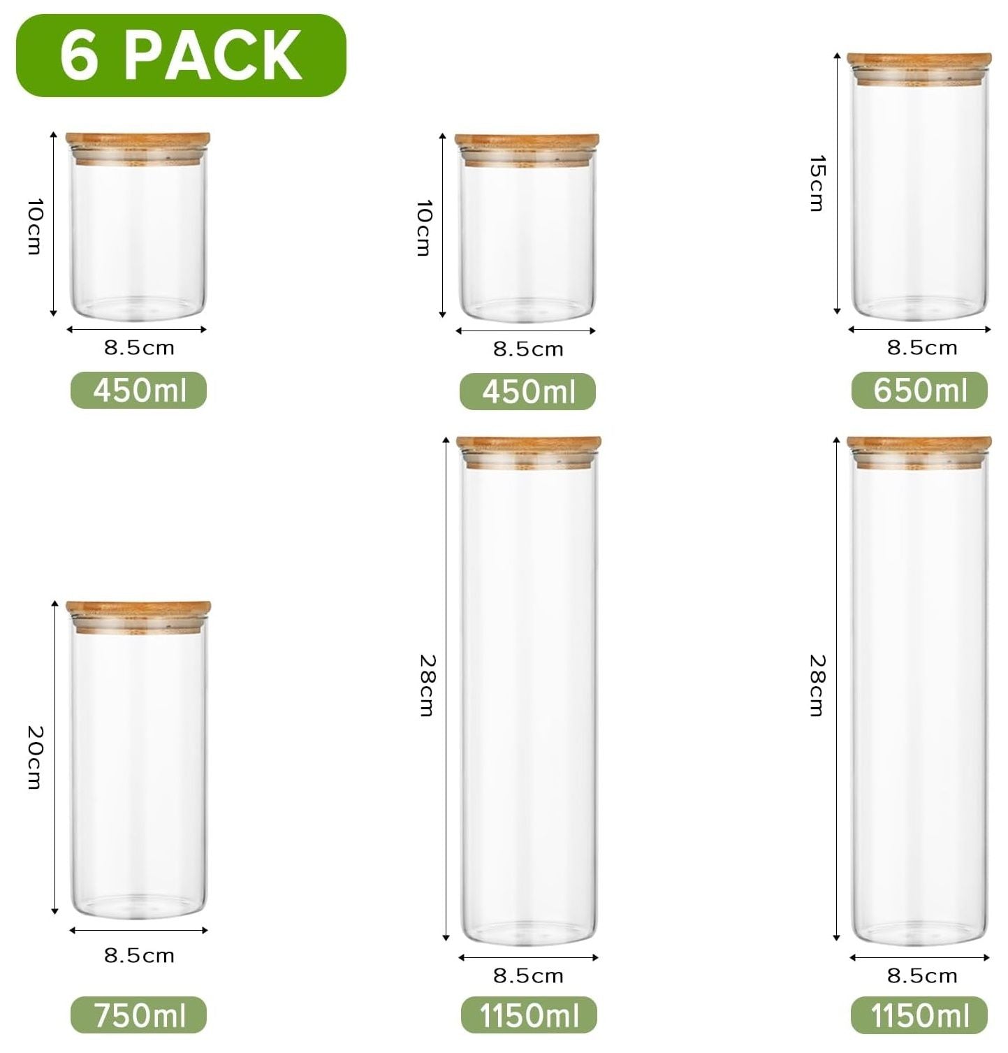 CARLA HOME 6 Pack Glass Storage Jars with Bamboo Lids for Kitchen Pantry, Pasta, Snacks, Cookies, Candy & More V178-36178